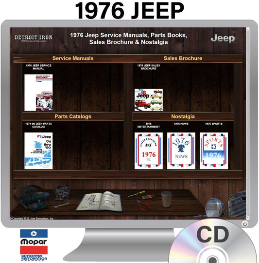 Detroit Iron - Manual de taller, catálogo de piezas y folleto de ventas de Jeep de 1976