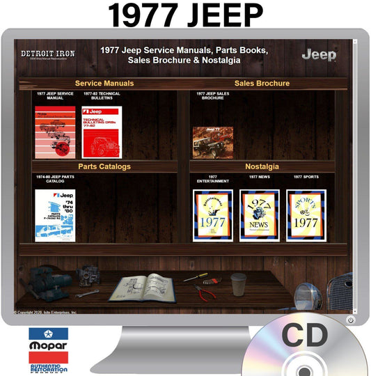 Detroit Iron - Manual de taller, boletines de servicio, libro de piezas y folleto de ventas de Jeep de 1977