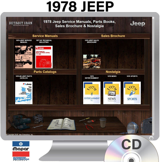 Detroit Iron - Manual de taller, boletines de servicio, libro de piezas y folletos de ventas de Jeep 1978