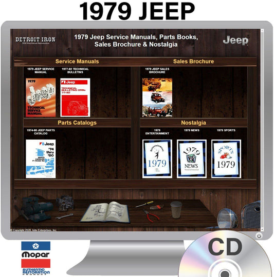Detroit Iron - Manual de taller, boletines de servicio, libro de piezas y folleto de ventas de Jeep de 1979