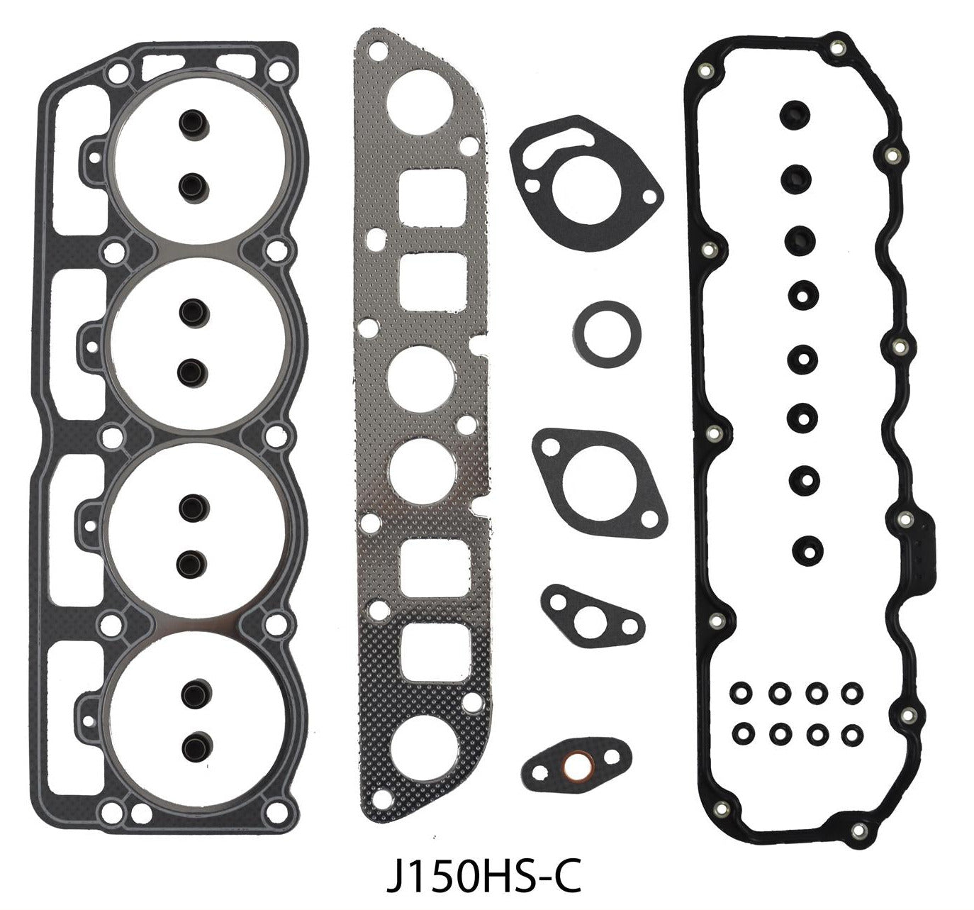 A set of various head gaskets a Jeep 150 2.5L engine, model J150-C, displayed on a white background.