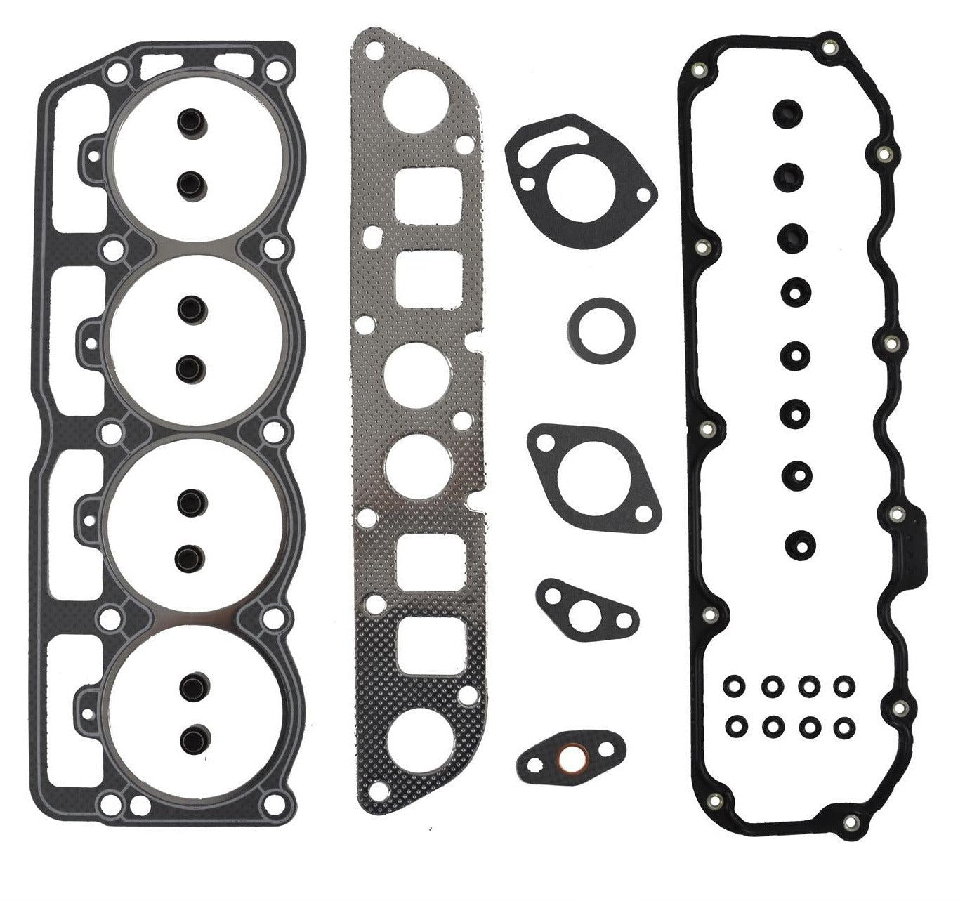 A set of various head gaskets a Jeep 150 2.5L engine, model J150-C, displayed on a white background.