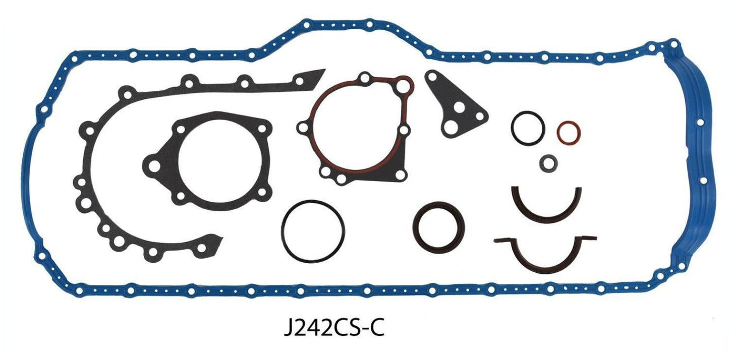 A set of blue gaskets for a Jeep 242 - 4.0L 92-99 model, displayed on a white background.