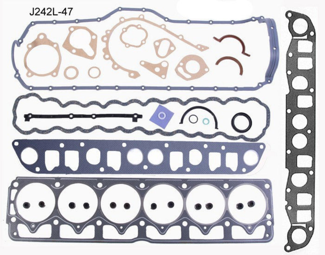 A set of gaskets for a Jeep 242 - 4.0L 92-95 engine, displayed on a transparent background.