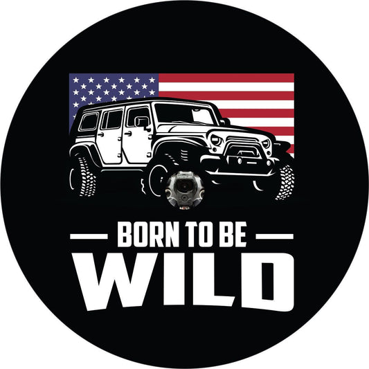 Funda de neumático de repuesto con bandera estadounidense y Jeep Wrangler "Born To Be Wild"