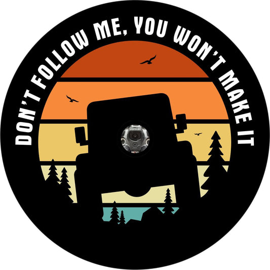 No me sigas, no lo lograrás, Jeep Silhouette, cubierta de llanta de repuesto al atardecer
