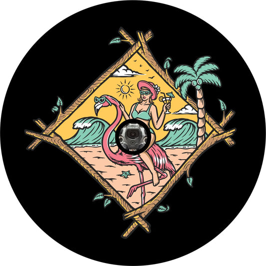 Girl Riding Flamingo at the Beach Funny Spare Tire Cover