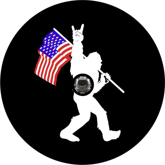 Rock On Bigfoot Sasquatch Bandera Americana Rueda de Repuesto
