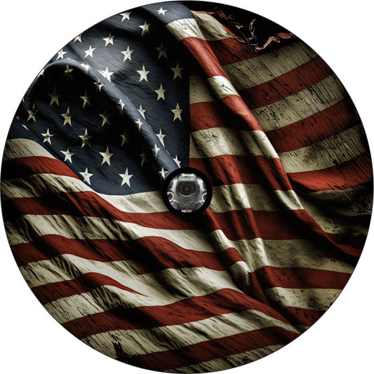 Cubierta de Rueda de Repuesto con Bandera Americana Ondulada y Desgastada Vintage