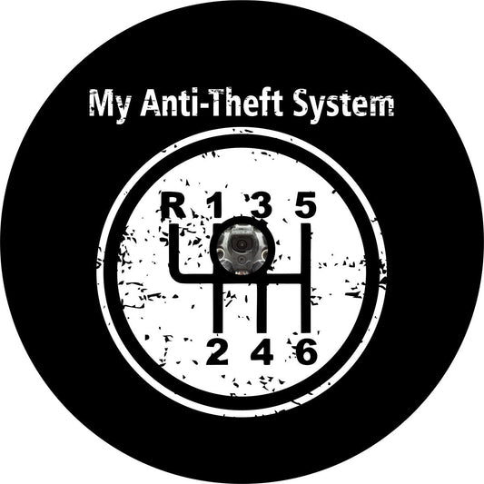 Mi cubierta de llanta de refacción con el logotipo "My Anti-Theft System Manual Transmission Stick Shift"