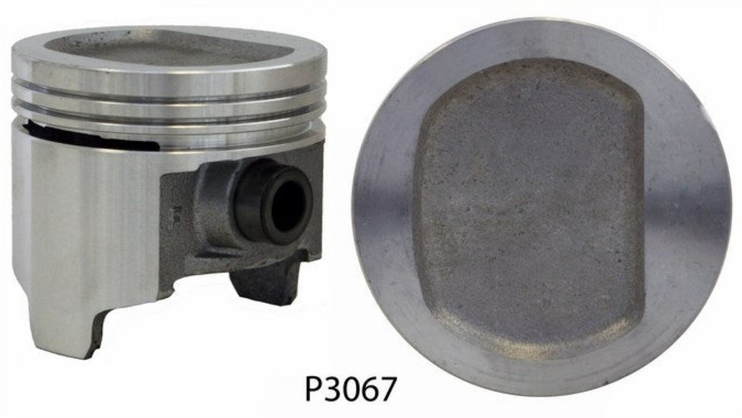 A set of two Jeep 258/4.2L pistons, one with a visible top view and the other showing the side profile.