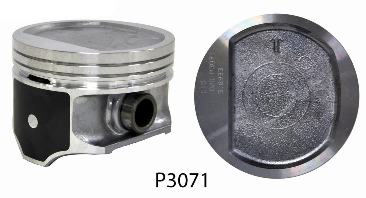 A piston for an engine, labeled with the part number P3071. The piston is metallic with a coated skirt and an 'D' shaped dish top design.