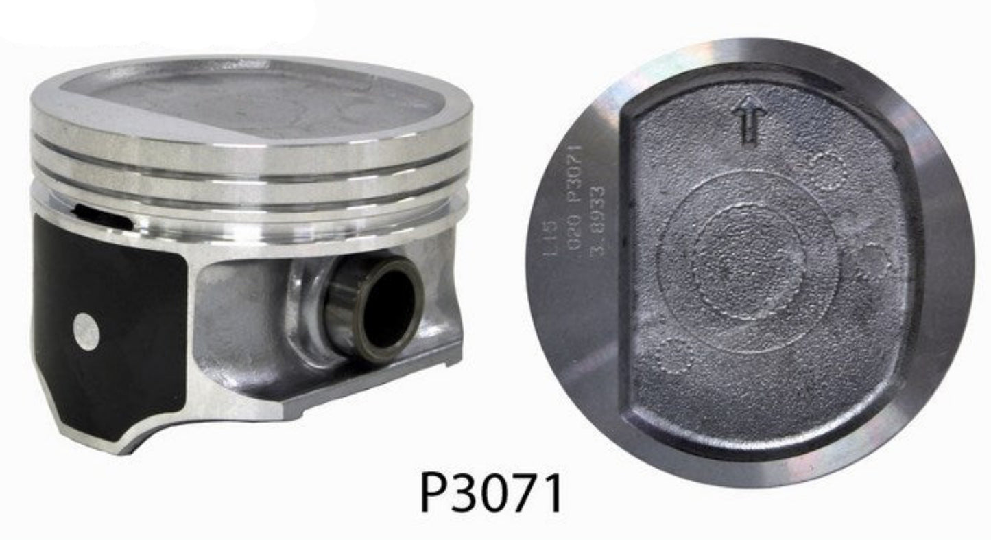 A piston set for a Jeep 242/4.0L engine, showing a top view and a side view with the model number P3071 visible.