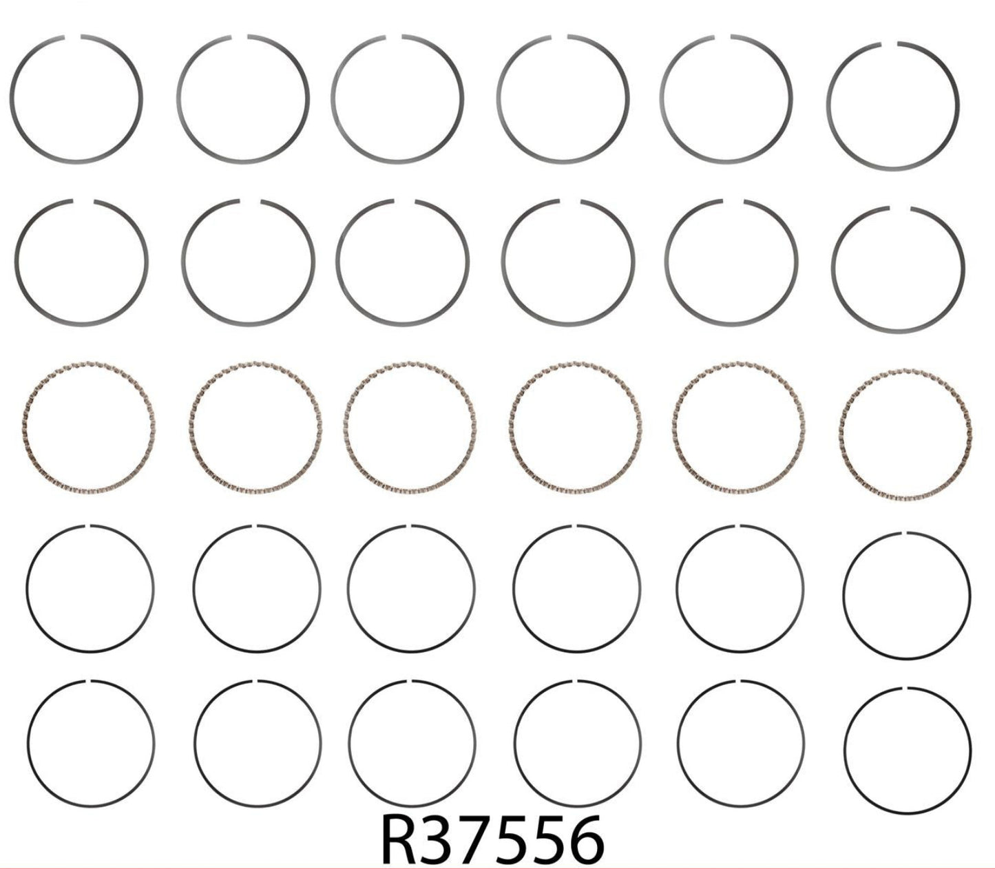 A set of piston rings for a Jeep 258/4.2L engine, displayed in a grid arrangement with different sizes indicated by the diameters listed.
