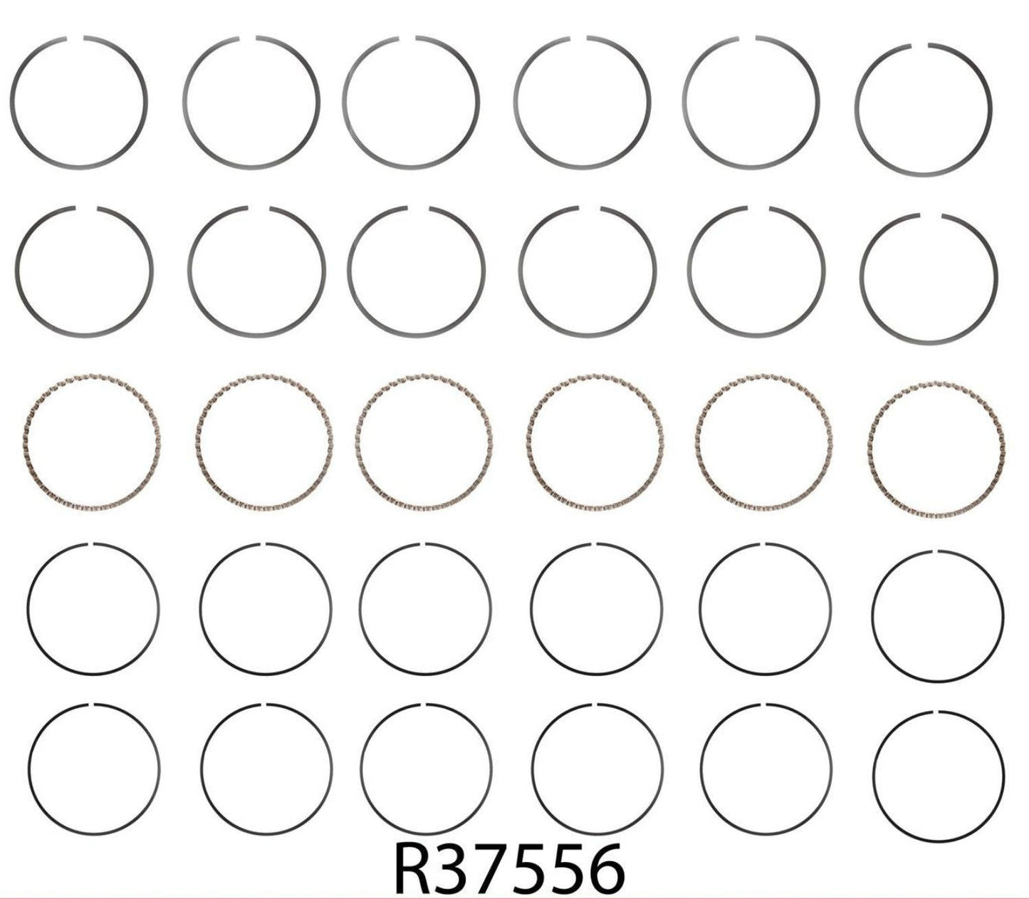 A set of piston rings for a Jeep 258/4.2L engine, displayed in a grid arrangement with different sizes indicated by the diameters listed.