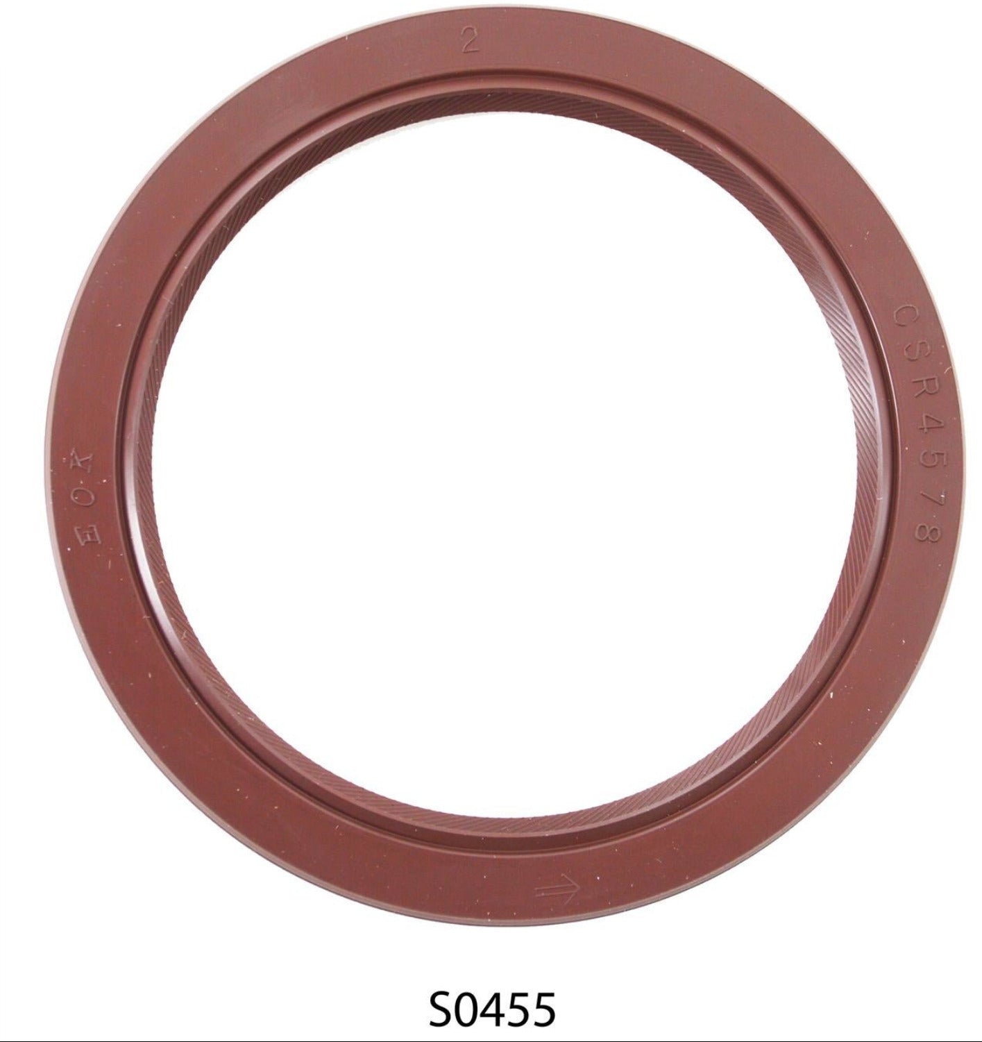 A brown-colored rear main seal for a Jeep 150 - 2.5L 83-02 model, displayed against a white background with the product code 'S0455' visible.