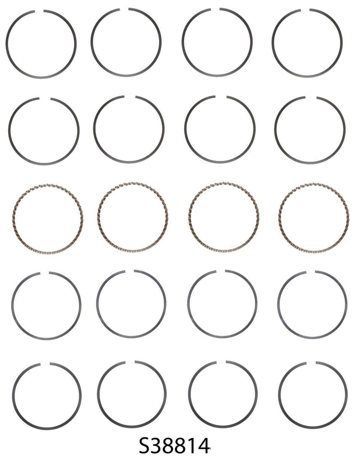 A set of piston rings for a Jeep 150/2.5L engine, displayed in various sizes with a visible part number S5814.