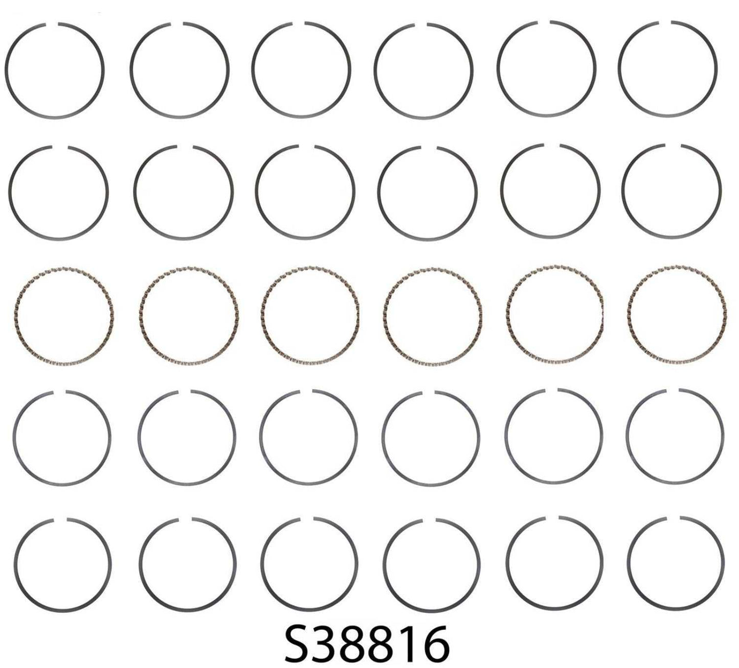 A set of piston rings for a Jeep 242 - 4.0L engine, displayed in a grid arrangement.