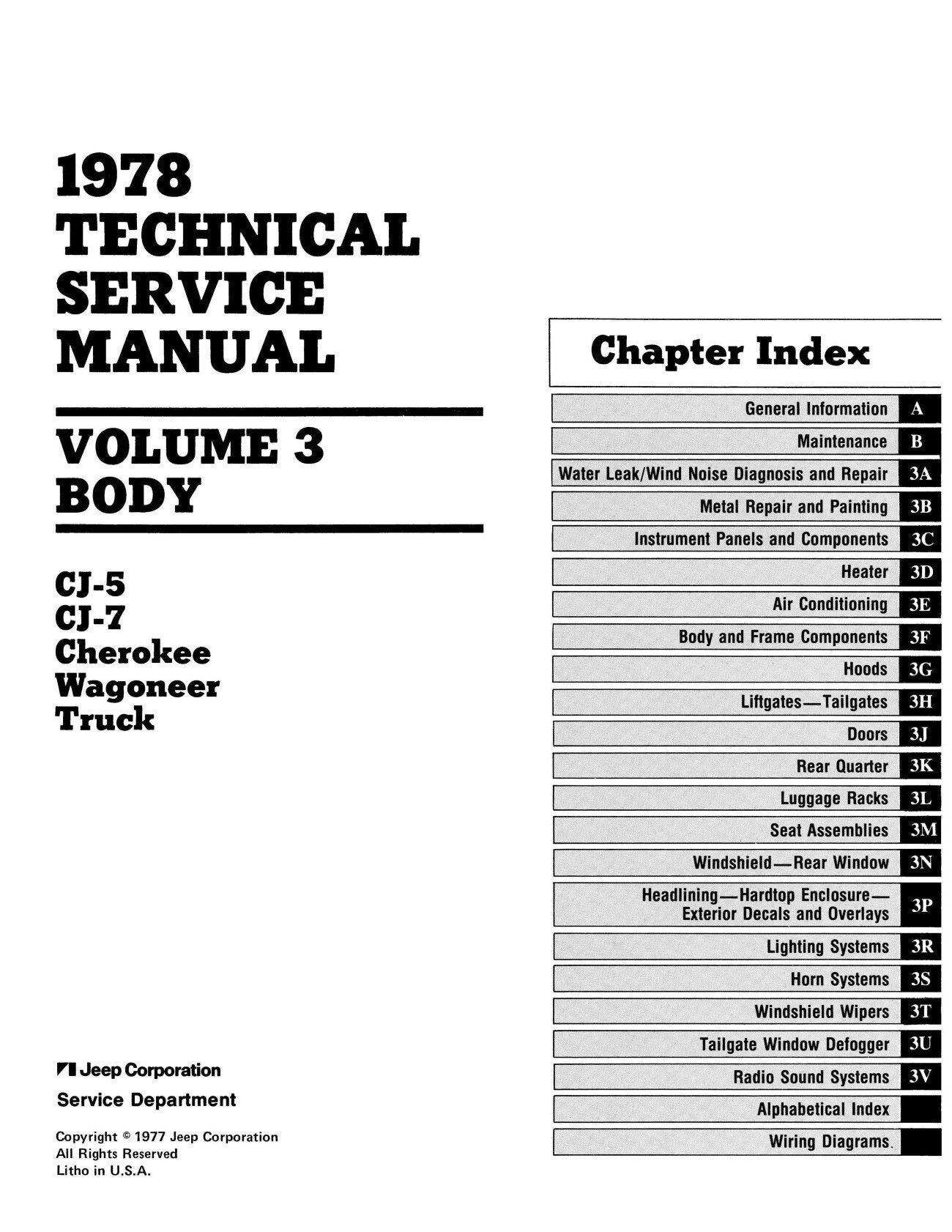 Detroit Iron - 1978 Jeep Technical Service Manual (3 Volumes) - Includes 11x26 Wiring Diagrams