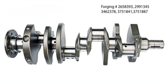 A remanufactured crankshaft with bearings for a CHRYSLER/DODGE/RAM 5.2L/318 engine, featuring several forging numbers.