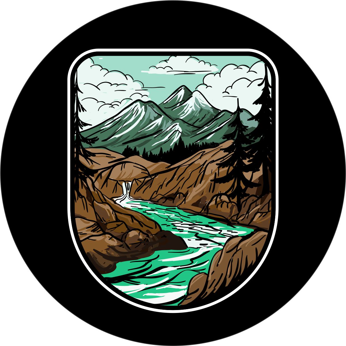 River in the Mountains Art Graphic Spare Tire Cover Design