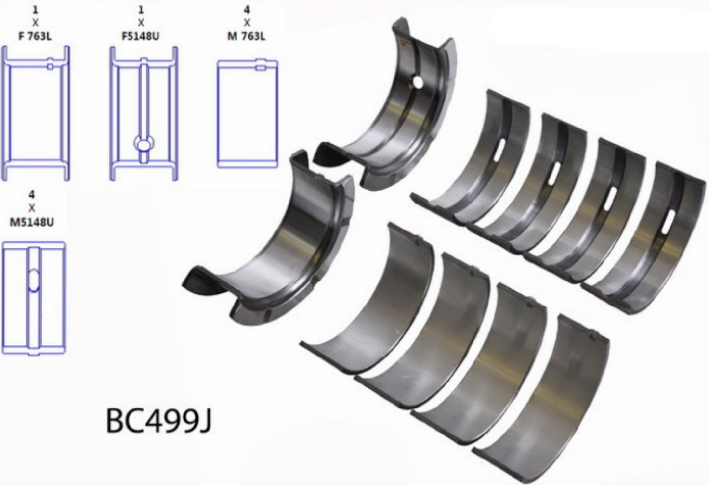 A set of metal engine bearings for a Jeep 150 - 2.5L 91-02, displayed with technical diagrams.
