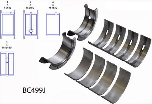 A set of metal engine bearings for a Jeep 150 - 2.5L 91-02, displayed with technical diagrams.