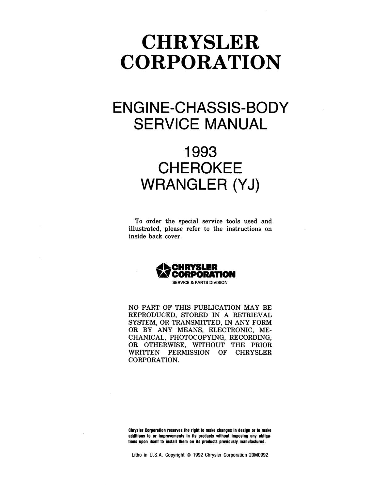 Detroit Iron - 1993 Jeep Wrangler & Cherokee Shop Manual - 2 Volumes