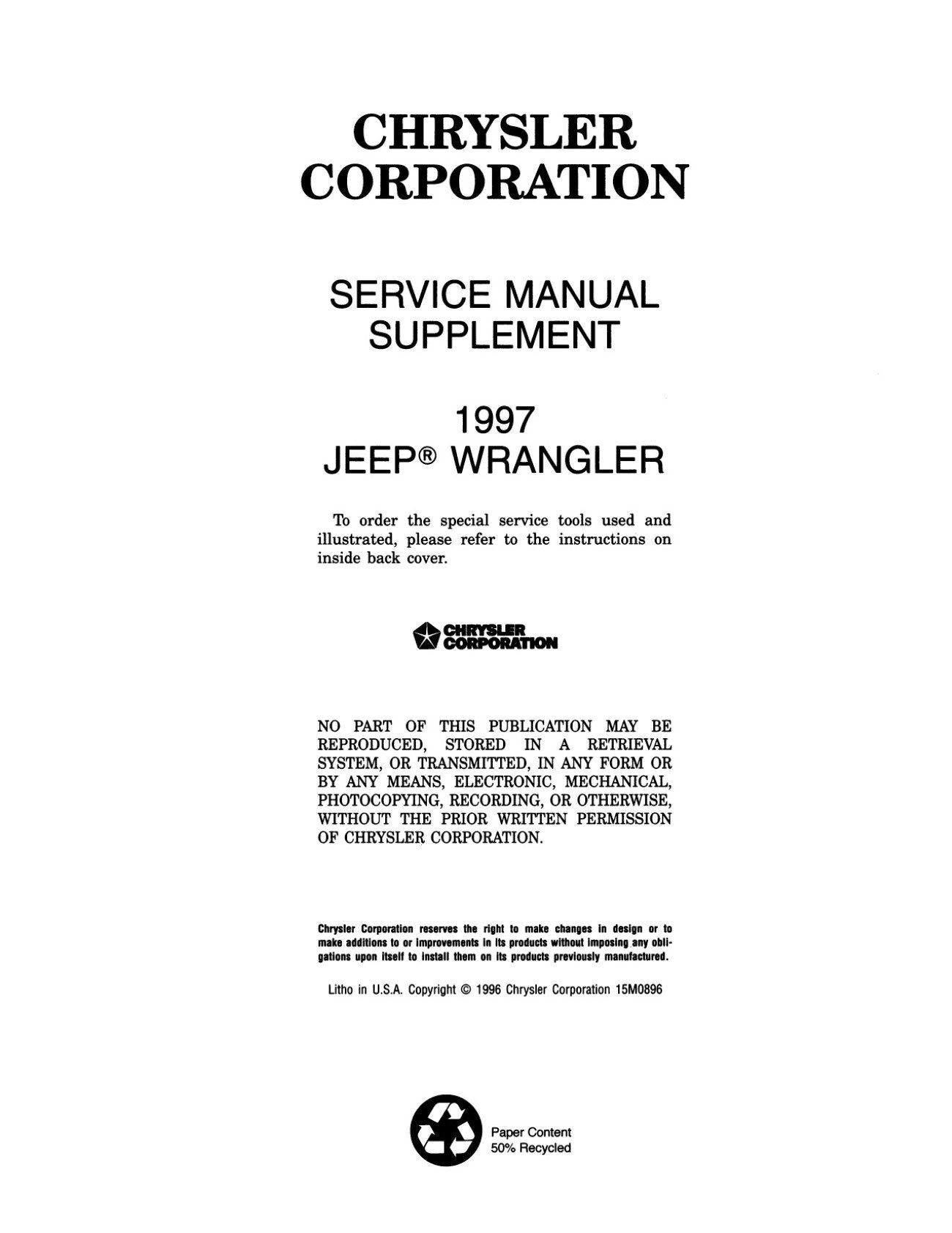 Detroit Iron - 1997 Jeep Wrangler Engineering Changes Shop Manual Supplement