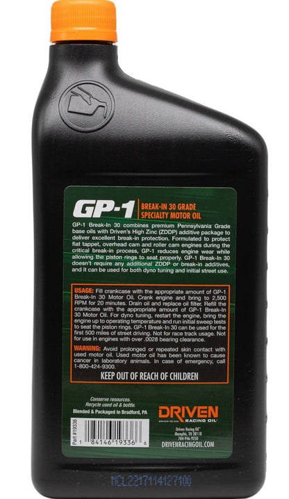 Driven's GP-1 30 Grade Break-In Specialty Motor Oil (6 QT)