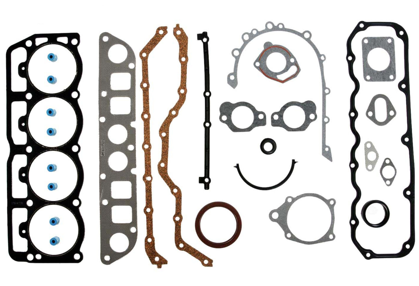 A set of various gaskets and engine parts labeled with the Enginetech brand, intended for use in a Jeep 150/2.5L engine.