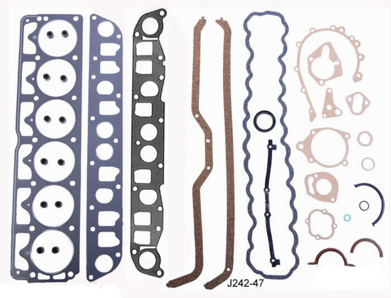 A set of gaskets for a Jeep 242 - 4.0L engine from 1987-1991, displayed on a white background.