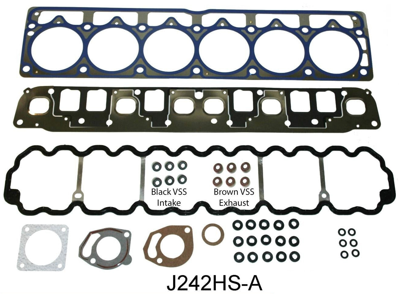 A set of various gaskets, including blue and black gaskets with different shapes and sizes, intended for a Jeep 242/4.0L engine.