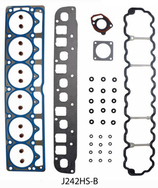 A set of various head gaskets for a Jeep 242/4.0L engine, displayed against a white background.