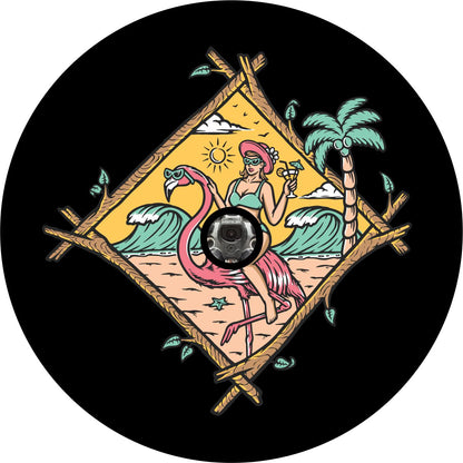 Girl Riding Flamingo at the Beach Funny Spare Tire Cover