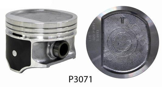 A piston for an engine, labeled with the part number P3071. The piston is metallic with a coated skirt and an 'D' shaped dish top design.