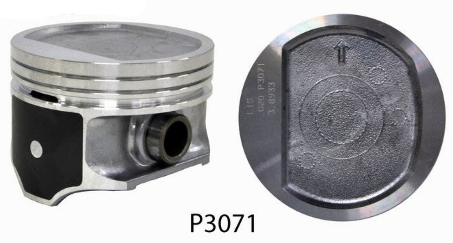 A piston set for a Jeep 150/2.5L engine, showing a top view and a side view with the model number P3071 visible.
