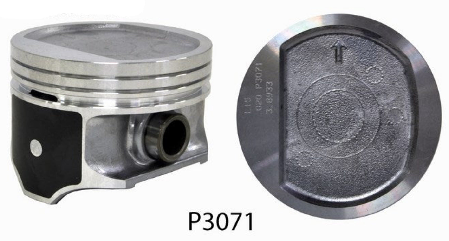 A piston set for a Jeep 150/2.5L engine, showing a top view and a side view with the model number P3071 visible.