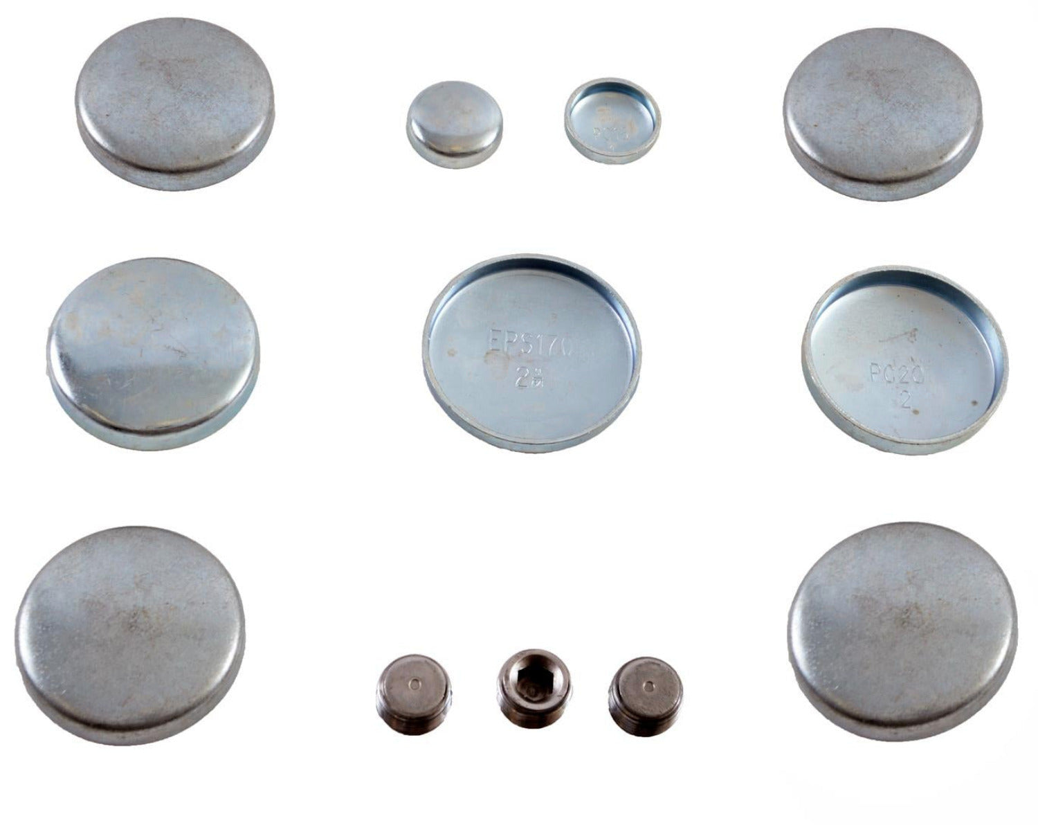 A set of metal expansion plugs and related components for a Jeep 242 - 4.0L 87-06 engine, displayed on a white background.