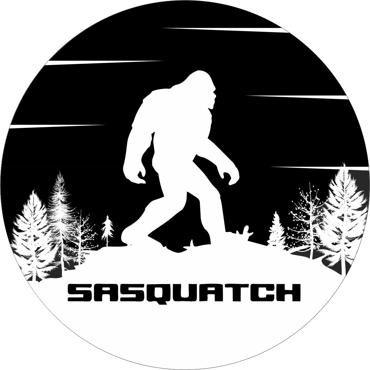 Sasquatch Bigfoot Mountain and Tree Silhouette Spare Tire Cover