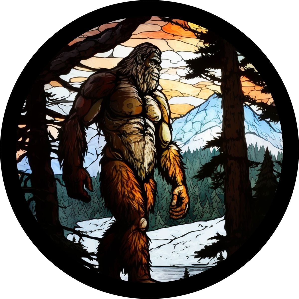 Stained Glass Bigfoot Sasquatch Spare Tire Cover